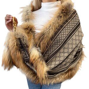 GUCCI Vintage GG Monogram Fox Fur Snap Hook Shawl Scarf Wrap Brown Silk [106077]